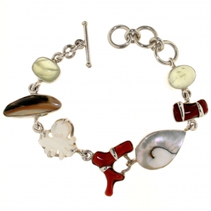 Bracelet in 925 silver with Red Coral from the Mediterranean Sea, Mother of Pearl, Prehnite and shells