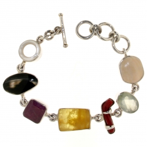 Bracelet in 925 silver with Red Coral from the Mediterranean Sea, Shells, Baltic Amber, Mother of Pearl, Ruby and Prehnite