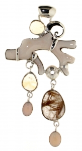 Pendant in 925 silver with White Coral, Pink Coral, Citrine Quartz and Rutilated Quartz