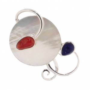 Pin / Pendant in 925 silver with Red Coral from the Mediterranean Sea, mother of pearl and Lapislazzuli