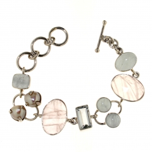 Bracelet in 925 Silver with Aquamarine, Pink Quartz and freshwater Pearls