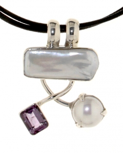 Collana con Incrocio di Fili in Argento, Perle e Ametista